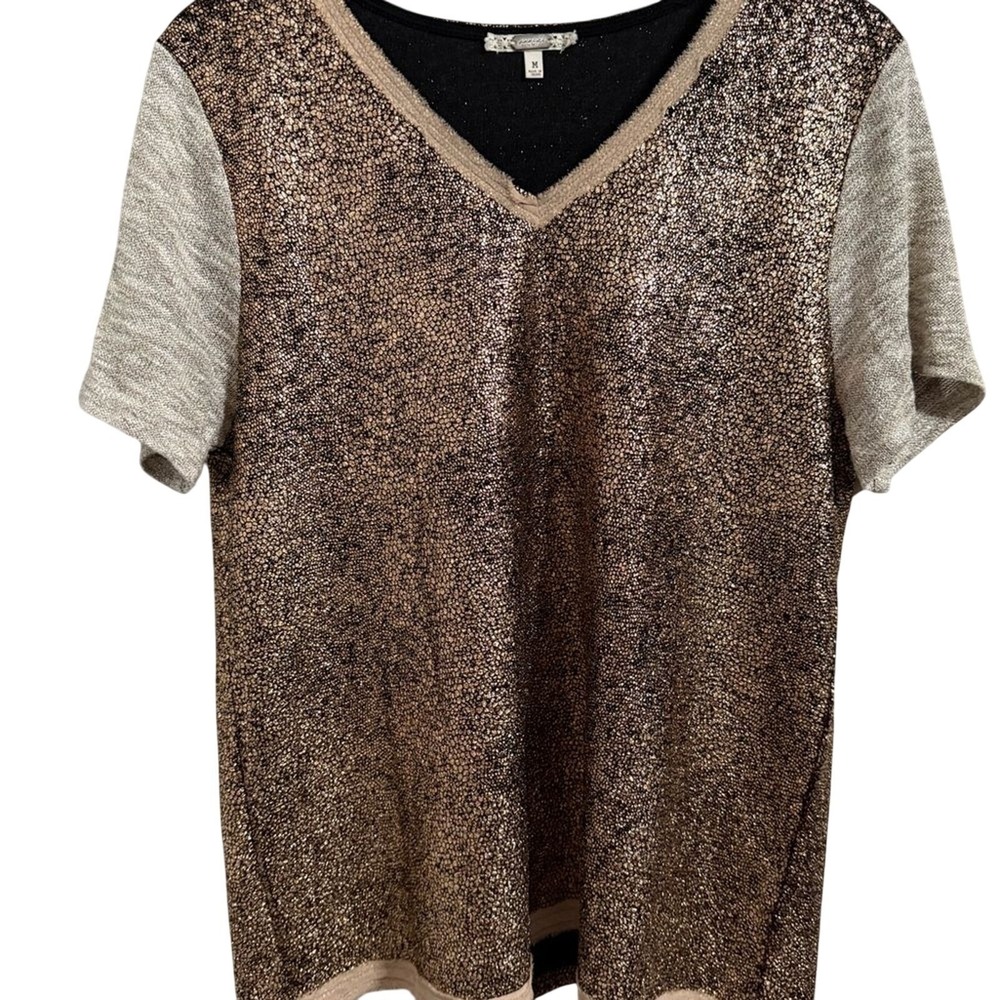 Women's M V Neck Sparkle Knit Top Gold Black Grey Short Sleeve Casual